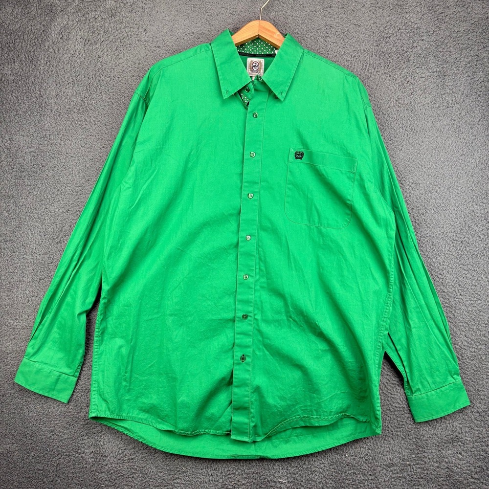 Cinch Mens Large Kelly Green Long‎ Sleeve Button Down Cotton Western Shirt L